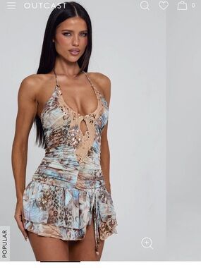 Sequin-Trim Halter Mini Dress in Neutral Mix